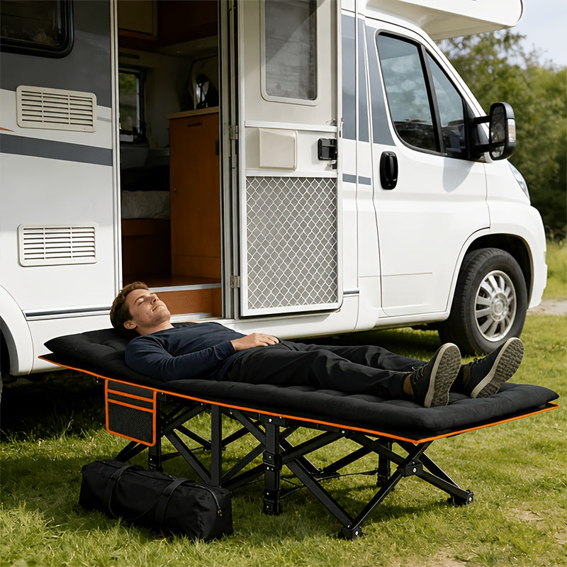Lit pliant ultra-résistant supportant jusqu’à 285 kg avec matelas en option – Lit de camp portable avec pieds de support multiples, poches latérales et oreiller, lit d'appoint toutes saisons de 150 à 195 cm, peu encombrant