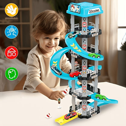Garage de stationnement 5 étages, 62 pièces, circuit de course 3D multi-niveaux avec 2 voitures, lanceurs à éjection, pistes de drift, héliport, station-service, jouet STEM à assembler pour anniversaire ou cadeau de nouvel an pour garçons et enfants