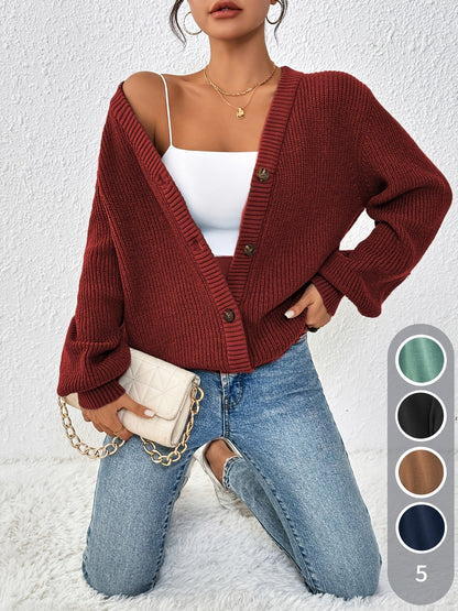 Gilet boutonné pour femme en maille côtelée épaisse, col en V, ouverture sur le devant - Pull veste oversize à épaules tombantes, gilet doux, extensible et chaud pour l'automne et l'hiver, disponible en 5 couleurs, du XS au XL