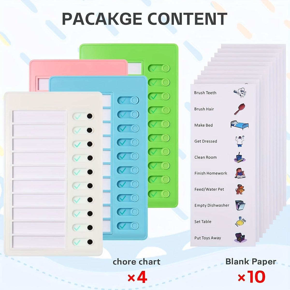 Lot de 4 tableaux de corvées – Tableaux de tâches à cocher en plastique avec 10 listes de tâches détachables en papier cartonné pour l'organisation de la routine domestique, les corvées des enfants, le planning familial et le suivi des tâches quotidiennes