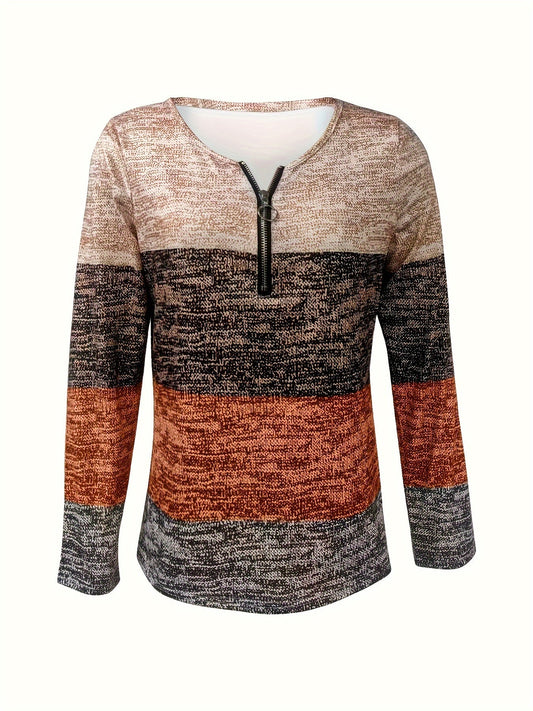 T-shirt zippé à rayures pour femme, haut décontracté en maille extensible à imprimé géométrique, t-shirt style polo à manches courtes pour le quotidien
