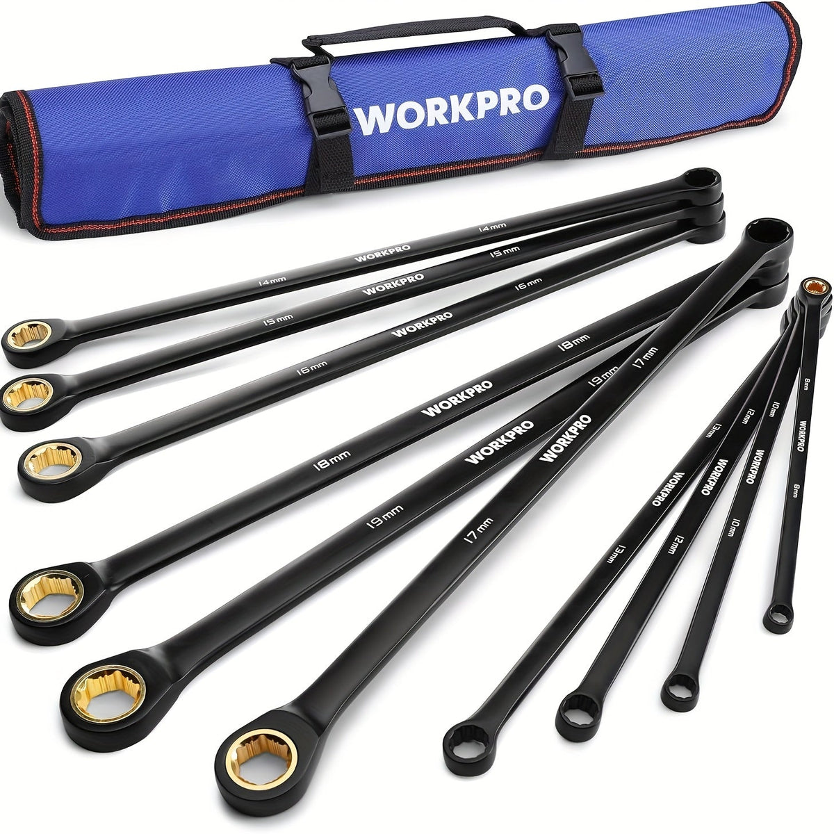 WORKPRO Jeu de 10 clés à cliquet extra-longues – Clés polygonales antidérapantes, métriques 8-19 mm, 72 dents, acier au chrome-vanadium, revêtement électrophorétique noir, pochette de rangement incluse, kit d'outils à main professionnel