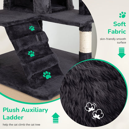 Arbre à chat de 137 cm pour chats d'intérieur – Centre d'activités à plusieurs niveaux avec poteaux à griffer, niche et jouets pour chatons et chats adultes, gris foncé