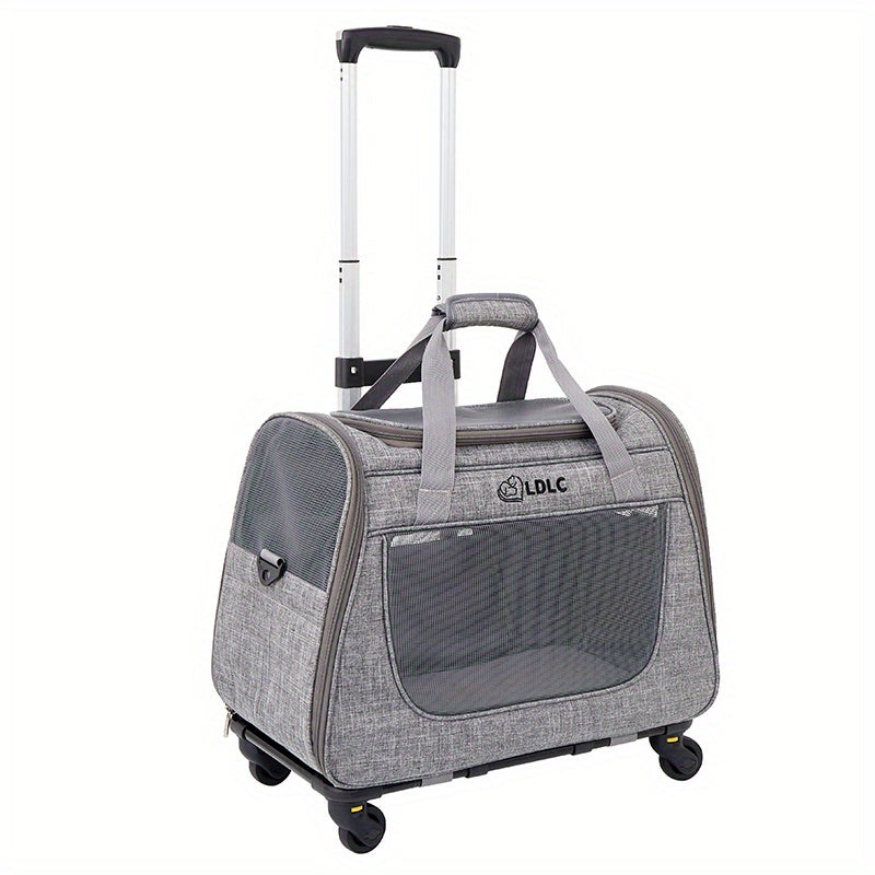 Sac de transport pour animaux 2-en-1 à roulettes - Sac à dos trolley pour chats et petits chiens, sac de voyage amovible, conforme aux normes aériennes, gris clair et rose clair