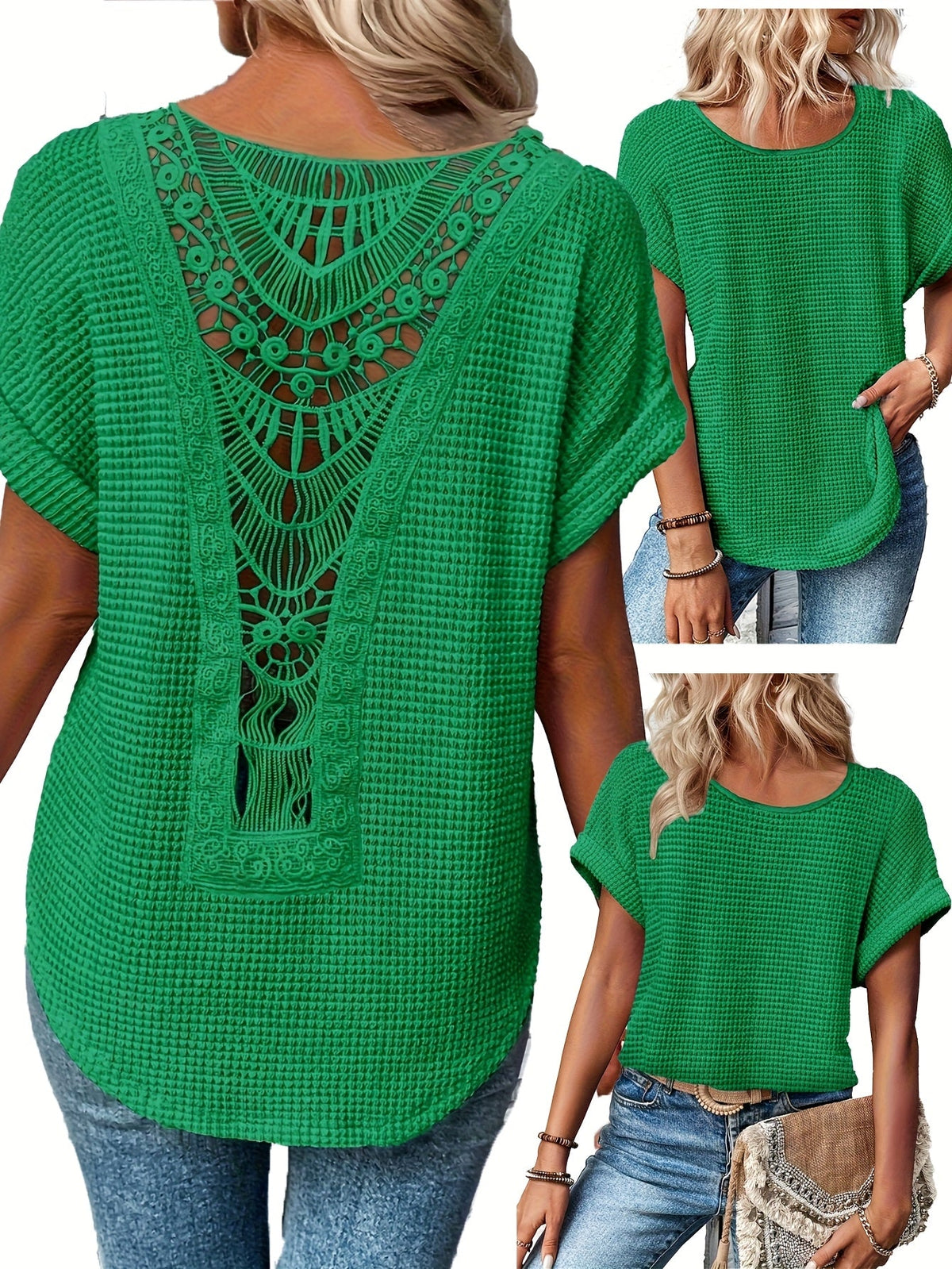 T-shirt femme été décontracté à col rond et manches courtes en patchwork de dentelle, haut fluide, bleu paon, kaki, noir, blanc, S M L XL XXL