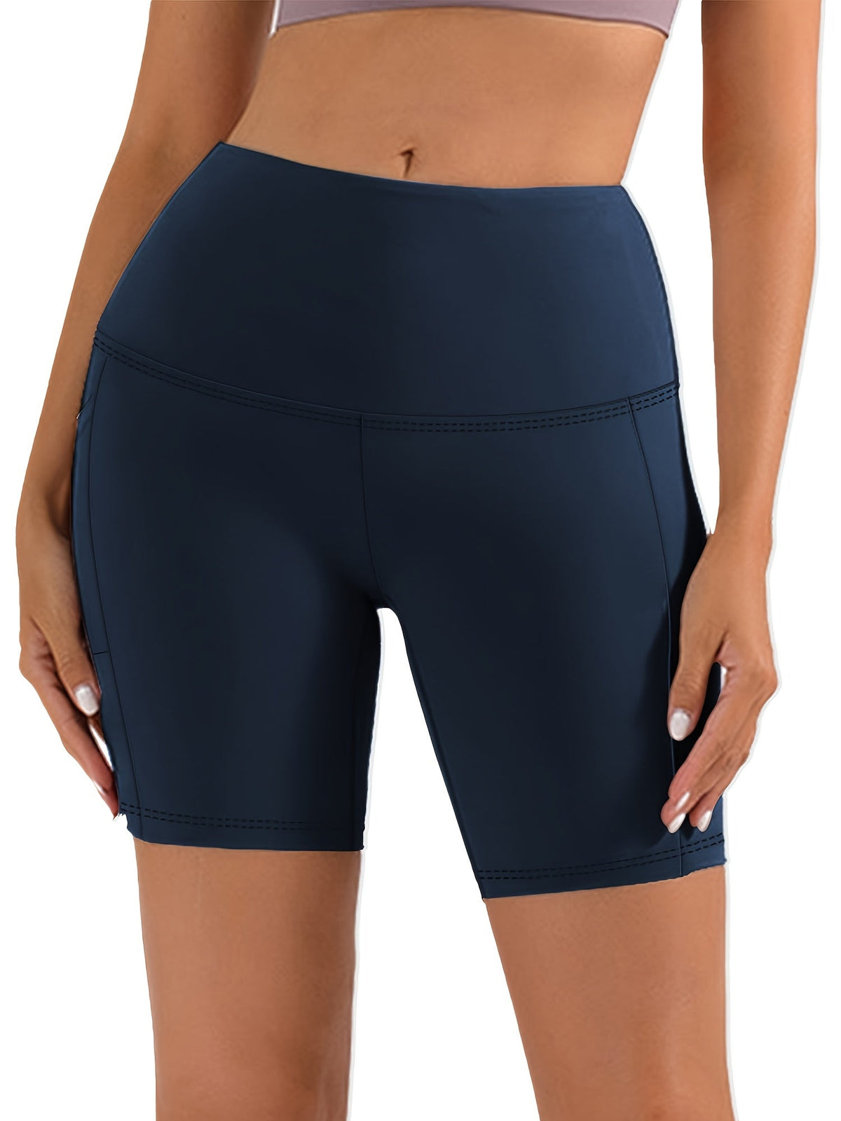 Short de yoga taille haute pour femme – Short de sport extensible 4 directions, anti-transpirant, avec ceinture élastique et poches latérales pour la course, le vélo et l'entraînement – Noir, gris foncé et bleu marine, tailles S-XXL
