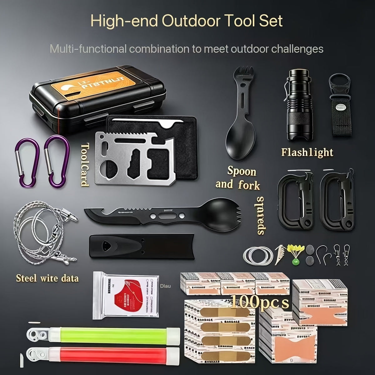 Kit de survie pour homme, ensemble d'équipement d'urgence de 12 à 115 pièces avec pierre à feu et multi-outil pour camping, randonnée, chasse, pêche, aventure en plein air, cadeau pour papa ou mari