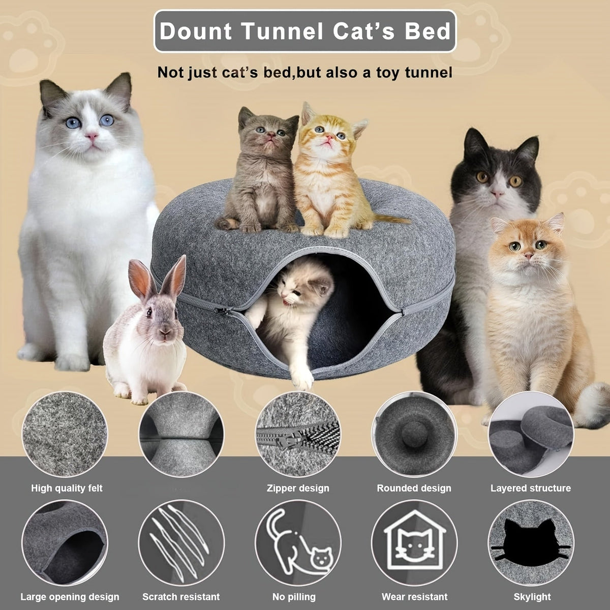 Lit tunnel pour chat en forme de beignet avec jouets à pompons - Cachette nid pour chat d'intérieur, utilisable toute l'année - Lit tunnel douillet pour chats et chatons - Disponible en 50 et 60 cm, gris foncé et gris clair