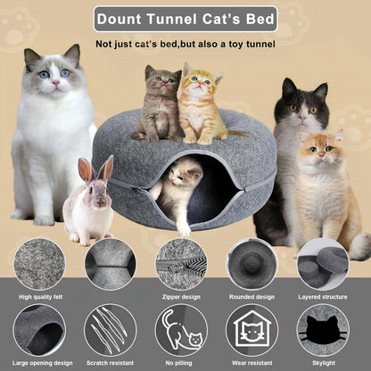 Lit tunnel pour chat en forme de beignet avec jouets à pompons - Cachette nid pour chat d'intérieur, utilisable toute l'année - Lit tunnel douillet pour chats et chatons - Disponible en 50 et 60 cm, gris foncé et gris clair