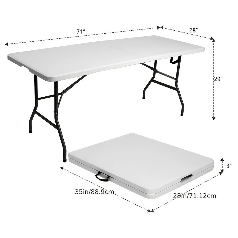 Table pliante en plastique portable 76 cm / 122 cm / 183 cm, table légère pliante en deux pour intérieur et extérieur avec poignée de transport et pieds verrouillables pour pique-nique, camping, fête, jardin, bureau, blanc