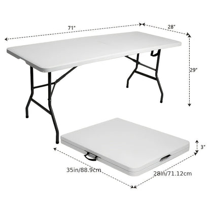 Table pliante en plastique portable 76 cm / 122 cm / 183 cm, table légère pliante en deux pour intérieur et extérieur avec poignée de transport et pieds verrouillables pour pique-nique, camping, fête, jardin, bureau, blanc