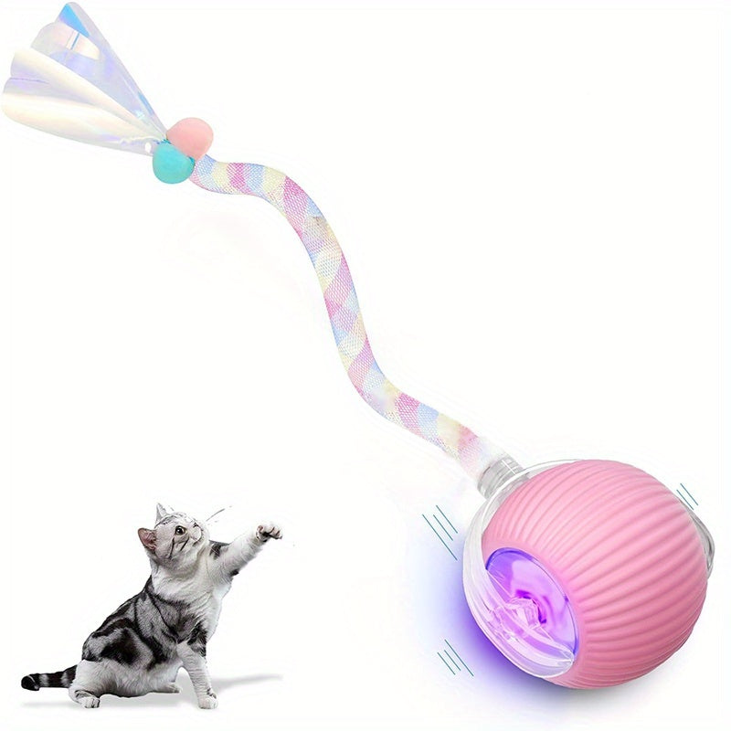 Jouet balle pour chat à roulement automatique, balle interactive électrique avec queue en filet élastique, balle intelligente à mouvement rapide pour jeu en intérieur sur tapis ou sol pour chats et chatons