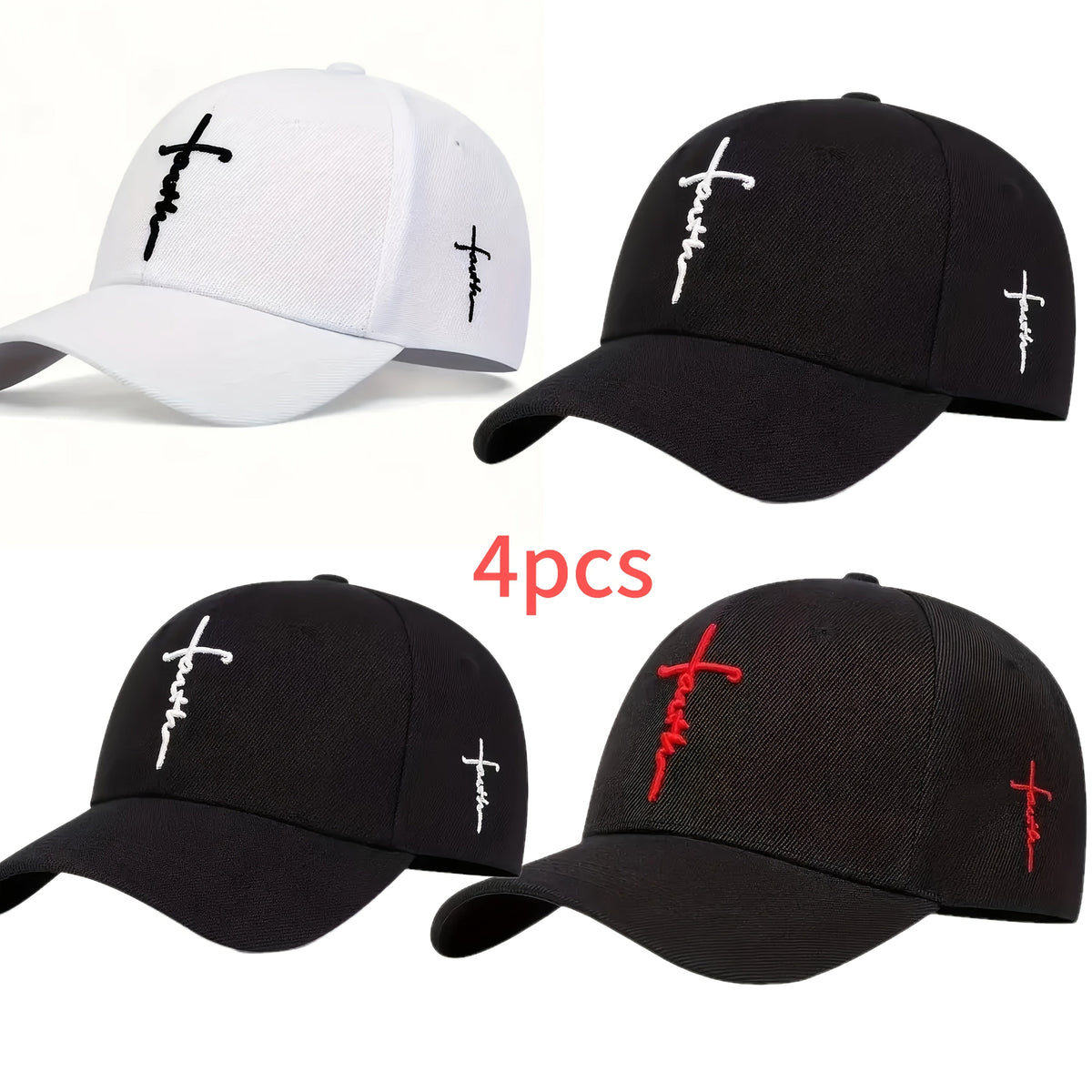 Lot de 4 casquettes de baseball à thème religieux pour hommes et femmes – Casquette de sport décontractée et légère en polyester, réglable, couleur unie pour les voyages en plein air, la plage, cadeau de Noël ou de fête des Pères