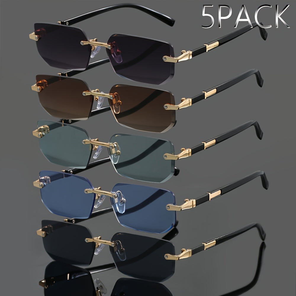Lot de 5 paires de lunettes de soleil en métal sans monture pour hommes et femmes – Lunettes légères et tendance, styles assortis, protection UV pour fêtes estivales, style urbain et cadeaux de vacances