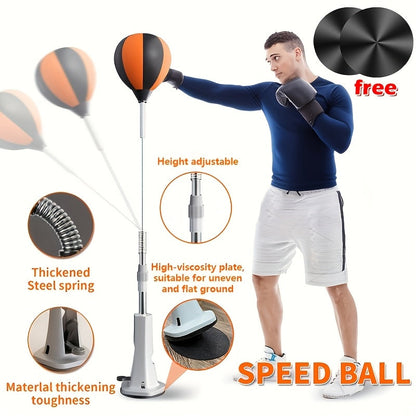 Balle de réflexe de boxe sur pied avec sac de frappe rapide autoportant, hauteur réglable pour l'entraînement à la réaction des adultes, adolescents et seniors – Punching-ball de fitness pour intérieur avec 3 ancrages au sol