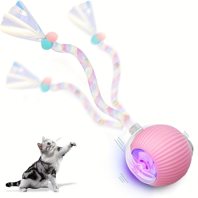 Jouet balle pour chat à roulement automatique, balle interactive électrique avec queue en filet élastique, balle intelligente à mouvement rapide pour jeu en intérieur sur tapis ou sol pour chats et chatons