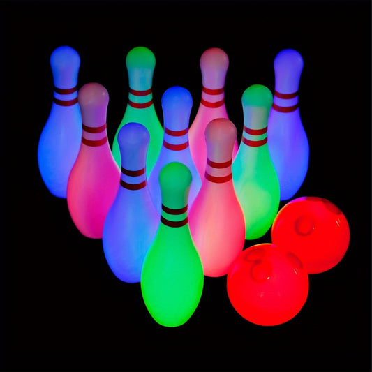 Jeu de bowling lumineux pour enfants, 10 quilles phosphorescentes et 2 boules, jeu d'intérieur et d'extérieur pour garçons, filles et tout-petits – Quilles de 20 cm de haut, cadeau d'anniversaire ou de fête amusant pour les enfants de 3 ans et plus