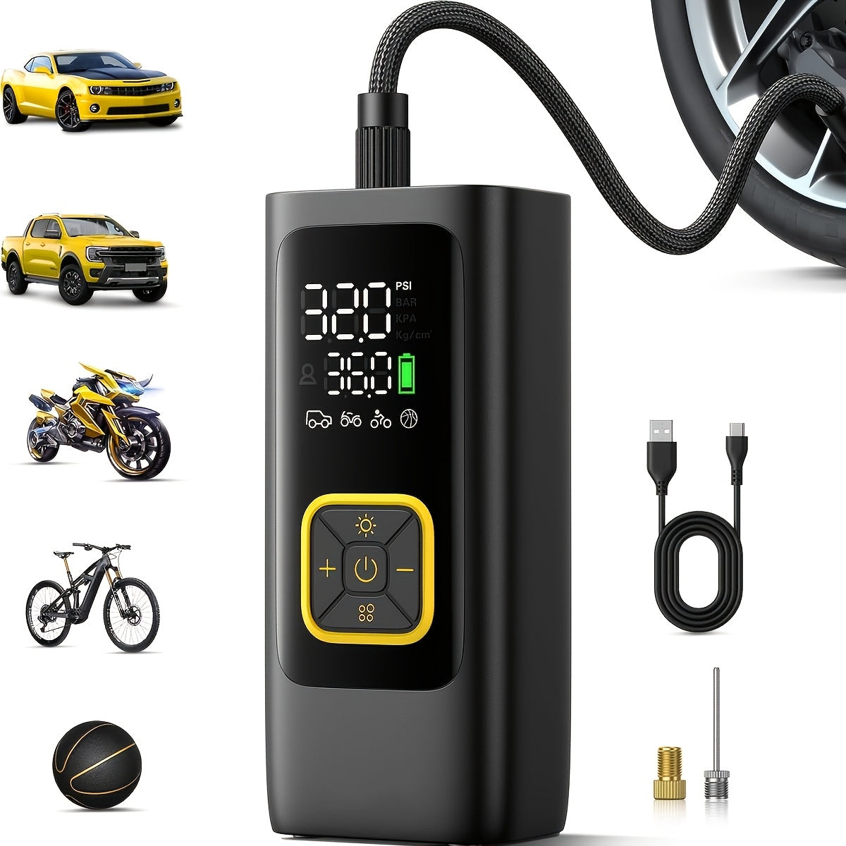 Gonfleur de pneu portable 210 PSI sans fil avec manomètre numérique, batterie rechargeable et lampe LED – Pompe à air sans fil pour voiture, moto, vélo et ballons de sport – Velora