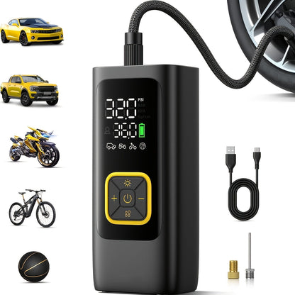 Gonfleur de pneu portable 210 PSI sans fil avec manomètre numérique, batterie rechargeable et lampe LED – Pompe à air sans fil pour voiture, moto, vélo et ballons de sport – Velora