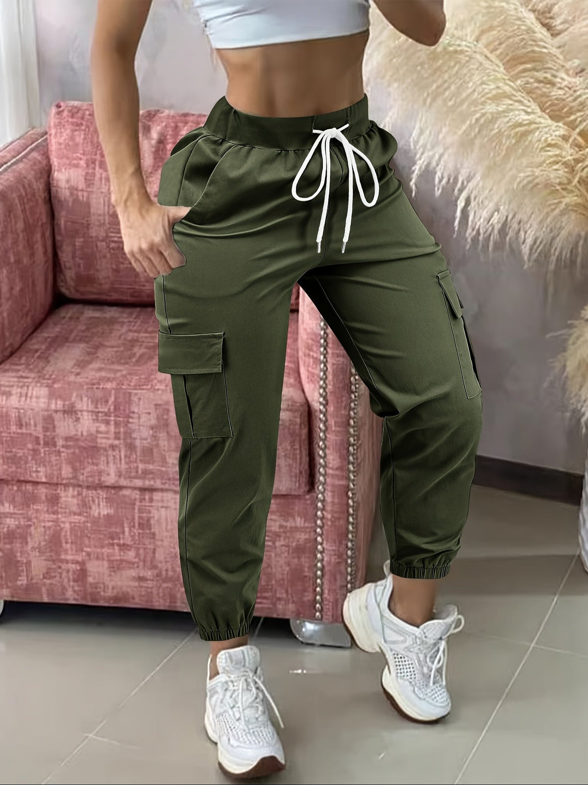 Pantalon cargo femme, taille cordon de serrage, poches multiples, ourlet effiloché, confort toute saison, coupe décontractée, tenue décontractée - Noir Kaki Olive Gris Marine Gris foncé S M L XL XXL Tissu extensible tissé