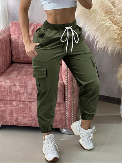 Pantalon cargo femme, taille cordon de serrage, poches multiples, ourlet effiloché, confort toute saison, coupe décontractée, tenue décontractée - Noir Kaki Olive Gris Marine Gris foncé S M L XL XXL Tissu extensible tissé