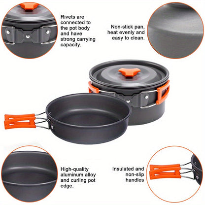 Set de cuisine de camping portable pour 2-3 personnes – Casserole antiadhésive, poêle et bouilloire avec rangement pliable, kit de cuisine d'extérieur léger pour la randonnée, le trekking et les voyages