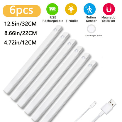 Lampe de placard LED à détecteur de mouvement rechargeable par USB – Éclairage intelligent sans fil sous meuble, intensité réglable 3 niveaux, veilleuse pour cuisine, chambre, placard, escaliers, couloir – Lot de 6 ou 3