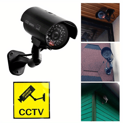Caméra de surveillance factice – Système de vidéosurveillance simulée, lumières LED réalistes, support réglable et autocollants d'avertissement, caméra leurre de sécurité pour intérieur et extérieur – Lot de 2 ou 4