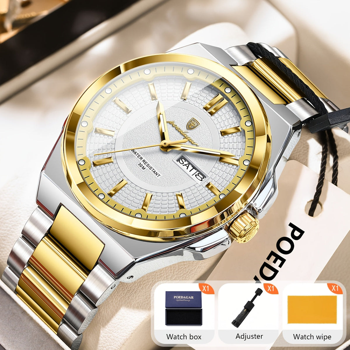Montre à quartz pour homme POEDAGAR, étanche, lumineuse, en acier inoxydable avec affichage du calendrier hebdomadaire – Design élégant et classique, cadeau parfait pour homme, disponible en plusieurs coloris