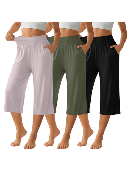 Lot de 3 pantalons Capri pour femme – Pantalons de jogging amples style détente, coupés avec poches et taille élastique, pantalon Capri de yoga pour le printemps, l'été, l'automne et les tenues décontractées du week-end