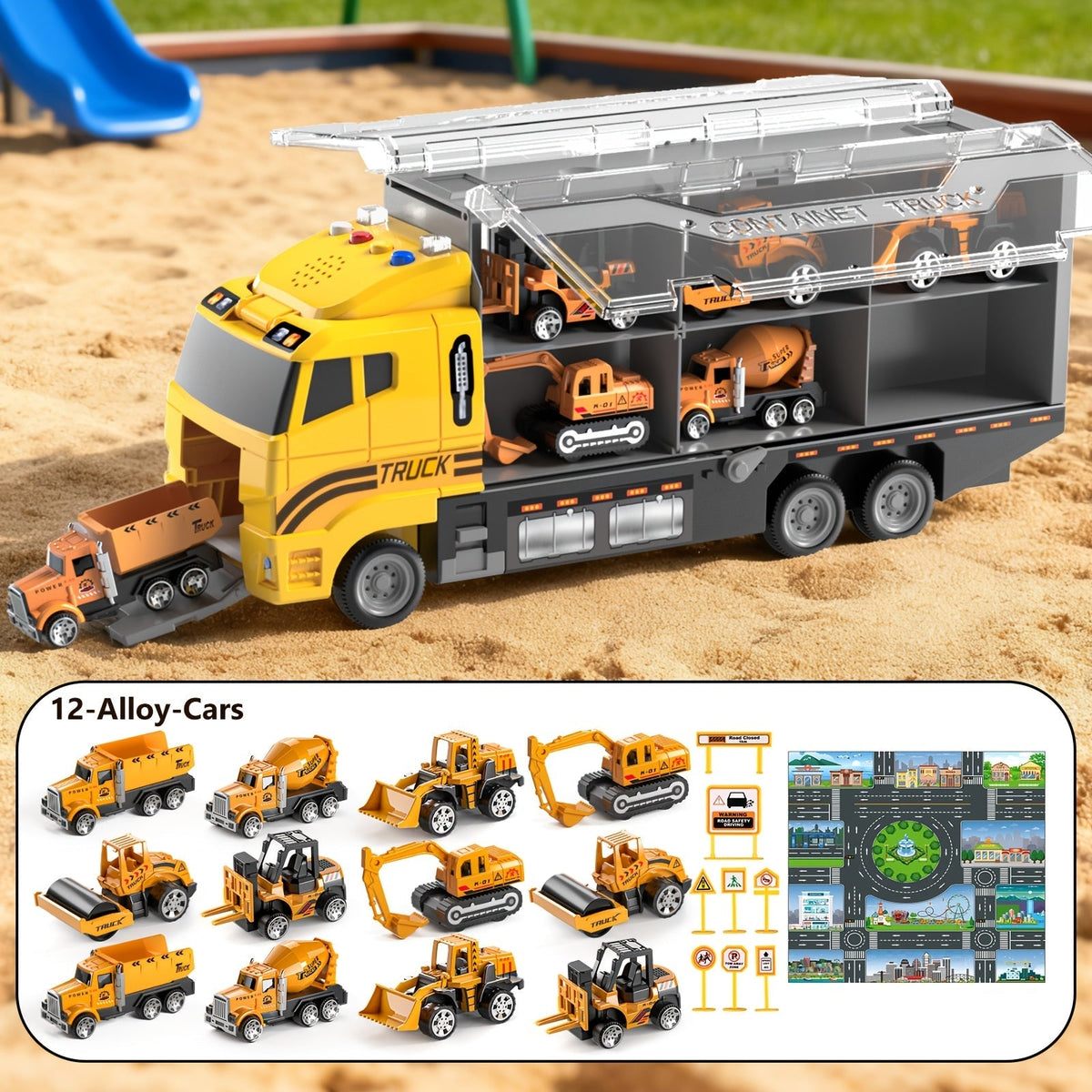 Ensemble de 13 véhicules de chantier avec camions moulés sous pression, tapis de jeu et transporteur – Coffret de jeu pour enfants de 3 ans et plus, cadeau idéal pour Noël et les anniversaires