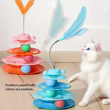 Jouet carrousel pour chat avec plume et balle rotative - Plateau tournant interactif pour chat d'intérieur, jouet stimulant anti-ennui, aucune pile requise, 3 couleurs : vert clair, bleu, rose