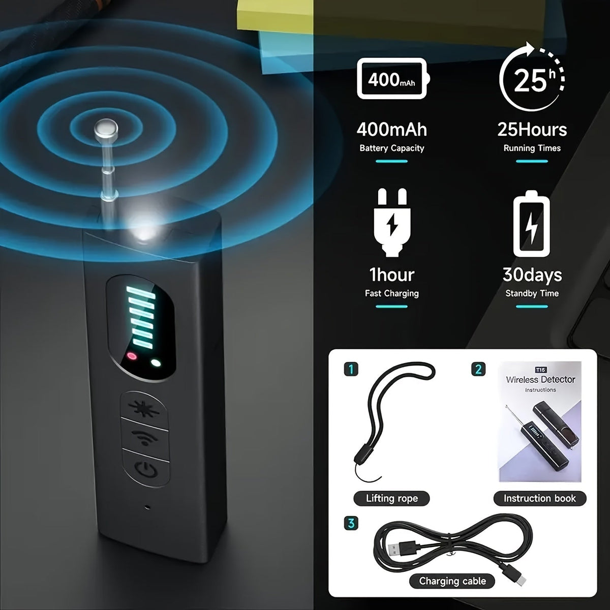 Détecteur de caméra cachée et scanner de signal RF anti-espion – Détecteur de mouchards, traceurs GPS et dispositifs d'écoute, balayeur de sécurité multifonction portable et rechargeable pour les voyages, l'hôtel, la maison, le bureau, la voiture