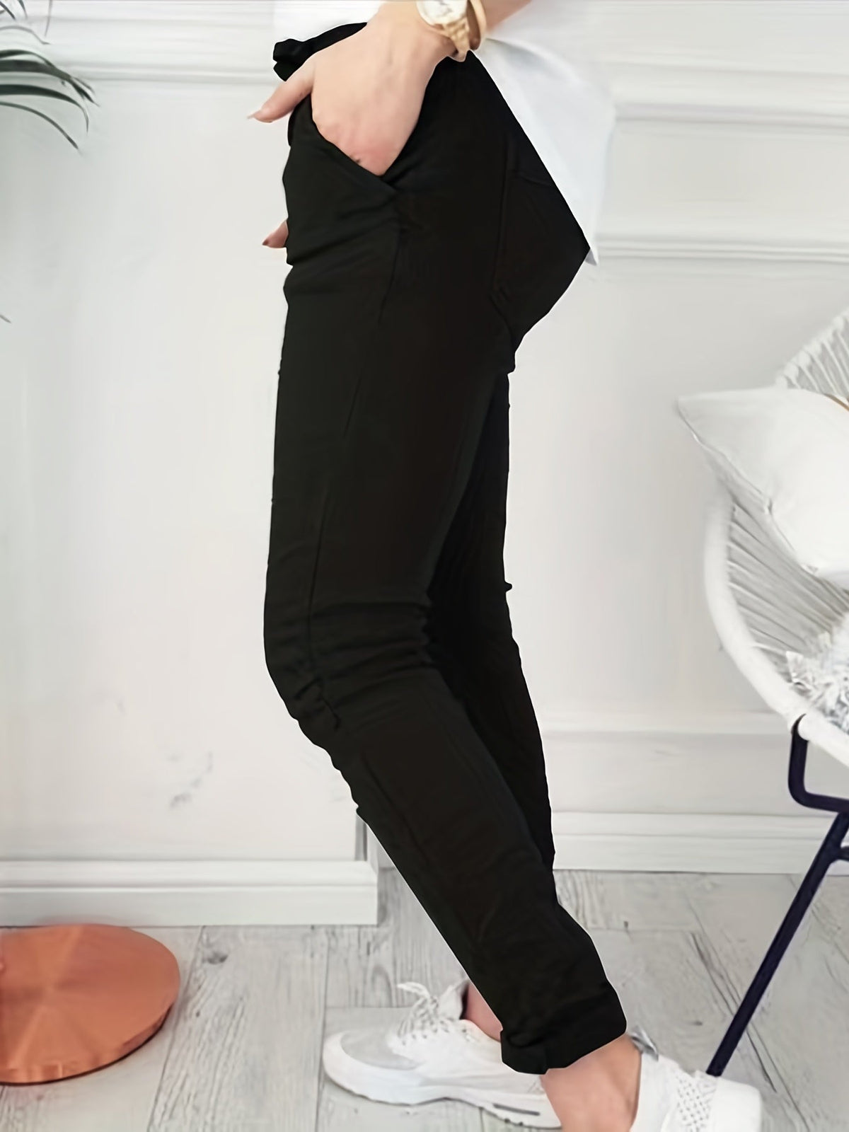 Pantalon slim pour femme, taille élastique à cordon, coupe ajustée, longueur longue, pantalon décontracté, noir, bleu marine, abricot, vert olive, S M L XL XXL, printemps automne