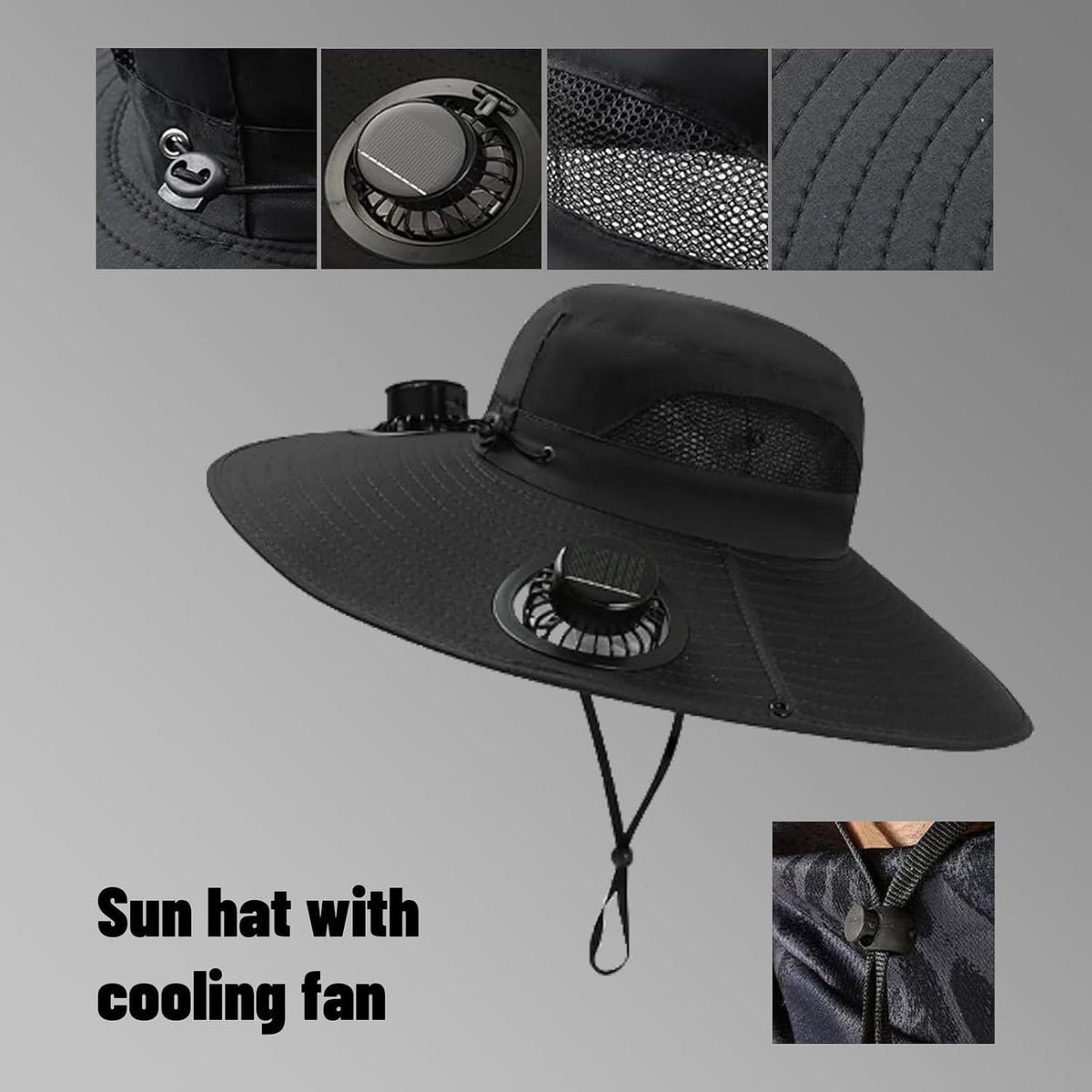 Chapeau de soleil avec ventilateur solaire pour hommes – Large bord anti-UV, ventilateur solaire intégré, taille unique – Idéal pour la pêche, la randonnée, la plage et les activités de plein air