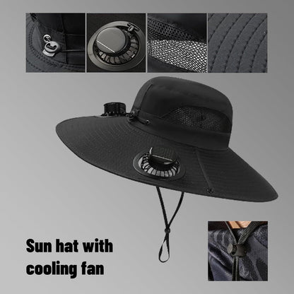 Chapeau de soleil avec ventilateur solaire pour hommes – Large bord anti-UV, ventilateur solaire intégré, taille unique – Idéal pour la pêche, la randonnée, la plage et les activités de plein air
