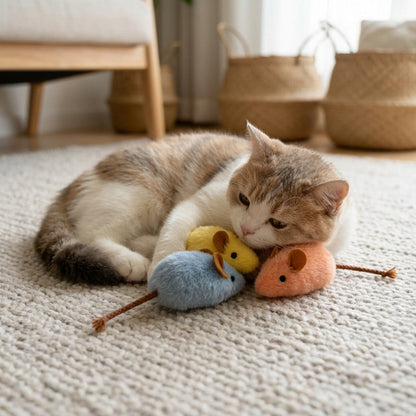 Lot de 3 jouets en peluche couineurs pour chat – Souris à longue queue et arête de poisson, jouets interactifs à mâcher type herbe à chat avec sifflet intégré, jouets durables pour le nettoyage des dents, sans pile, couleurs aléatoires