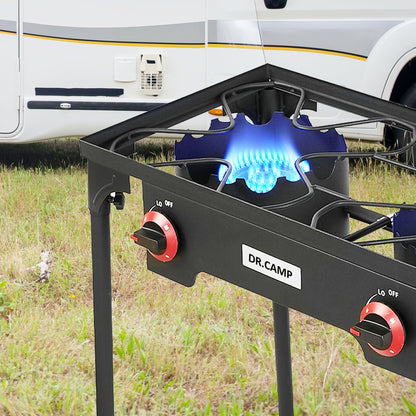 Réchaud de camping portable au propane DR.CAMP – Brûleur en fonte ultra-résistant avec pieds amovibles, options à un ou deux brûleurs, réchaud à gaz haute pression pour le camping, le barbecue, la survie et la cuisine en extérieur