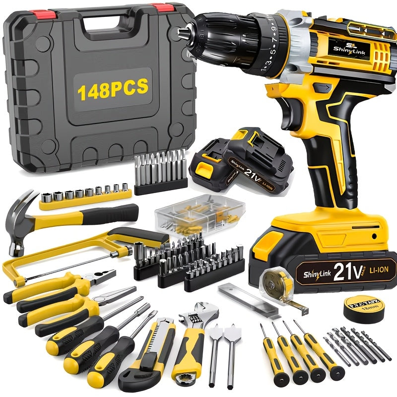 Ensemble de perceuse sans fil 21V, 18 à 148 pièces | Perceuse-visseuse électrique rechargeable avec 2 batteries, embouts de vissage, outils à main et boîte à outils – Kit complet de réparation domestique pour bricolage, cadeau pour homme