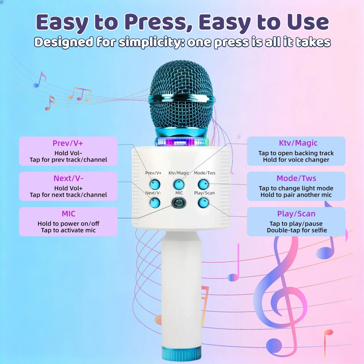 Microphone karaoké sans fil 5-en-1 avec haut-parleur intégré, lumières LED et changeur de voix – Micro de chant Bluetooth portable pour fêtes, réunions de famille, voyages et activités en plein air, 10 couleurs