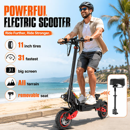 J15MAX 1600W All-Terrain Electric Scooter with Removable Seat, 11-Inch Off-Road Tires, Full Suspension, Foldable Frame, Double Disc Brakes, LCD Display - City & Off-Road Adult E-Scooter