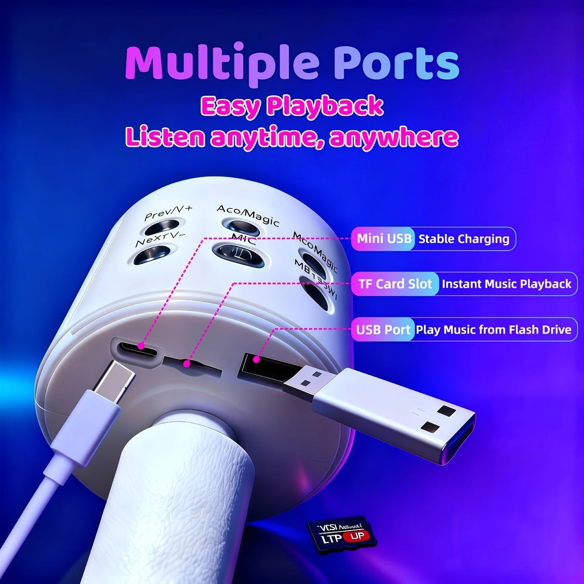 Microphone karaoké sans fil 5-en-1 avec haut-parleur intégré, lumières LED et changeur de voix – Micro de chant Bluetooth portable pour fêtes, réunions de famille, voyages et activités en plein air, 10 couleurs