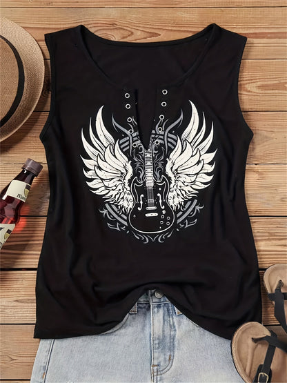 Débardeur femme à col en V avec motif guitare - Haut sans manches décontracté, t-shirt graphique ample pour l'été, caraco pour un usage quotidien