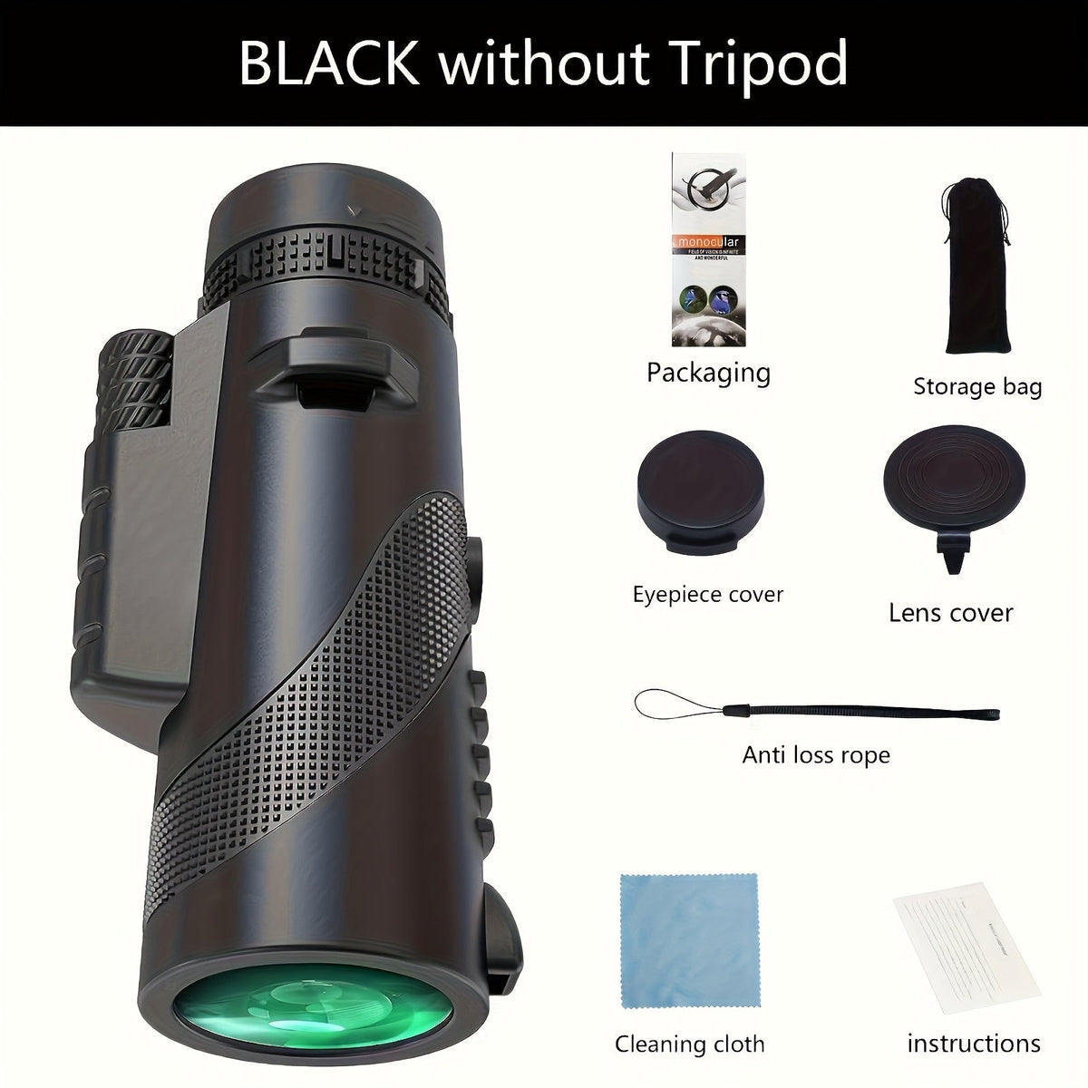 Monoculaire HD 10x42 avec adaptateur pour téléphone et trépied – Longue-vue compacte à lentilles FMC pour l'observation des oiseaux, la faune, la randonnée, le camping, les concerts et le sport – Noir et vert, cadeau de Noël
