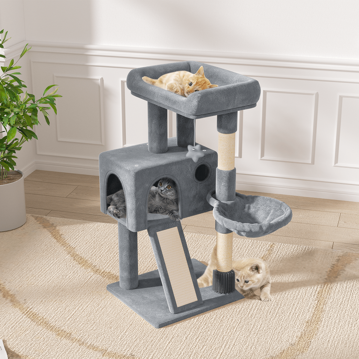 Arbre à chat multi-niveaux de 91 cm avec appartement, hamac, poteaux à griffer en sisal et jouets suspendus - Maison de jeux d'intérieur pour chats et chatons - Villa pour chat en peluche, gris clair et gris fumé