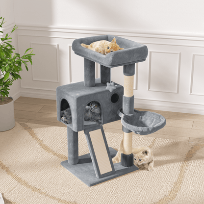 Arbre à chat multi-niveaux de 91 cm avec appartement, hamac, poteaux à griffer en sisal et jouets suspendus - Maison de jeux d'intérieur pour chats et chatons - Villa pour chat en peluche, gris clair et gris fumé
