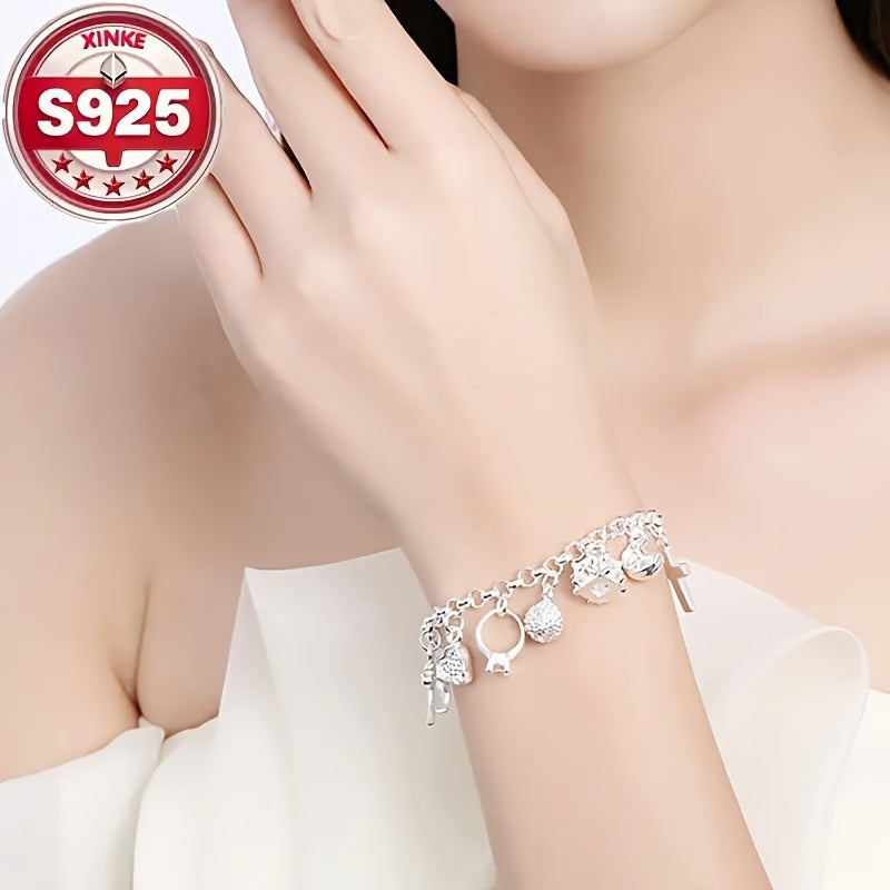 Bracelet à breloques pour femme en argent sterling 925 - Bijou de poignet élégant et léger de 2,5 g avec incrustation de zircone cubique vintage, idéal pour le quotidien, les festivals de musique, les anniversaires et les cadeaux de fêtes