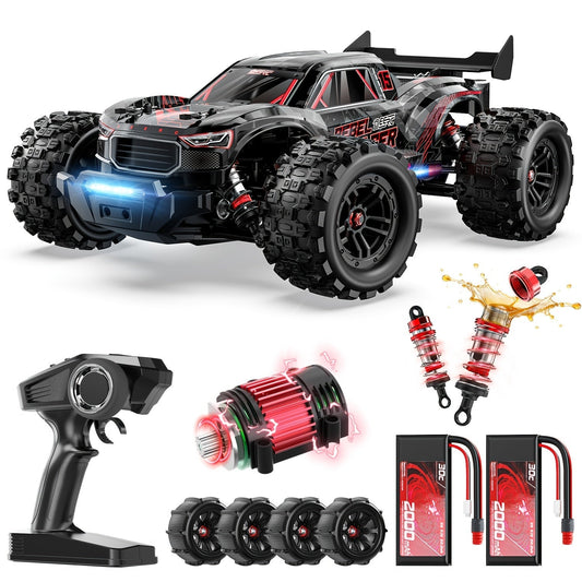 Voiture RC brushless pour adultes 75+ km/h - Camion tout-terrain radiocommandé 4 roues motrices, échelle 1:14, 2 batteries LiPo 3S pour 40 min d'autonomie, éclairage LED 7 modes, amortisseurs hydrauliques | Truggy RC de collection professionnel