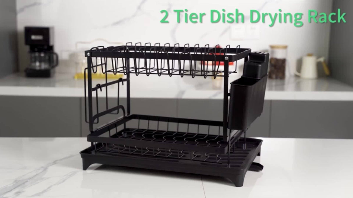 Égouttoir à vaisselle à 2 niveaux avec plateau d'égouttage pour comptoir de cuisine – Égouttoir en métal grande capacité avec plateau de récupération, organisateur pour assiettes, tasses et ustensiles, disponible en noir, blanc et gris