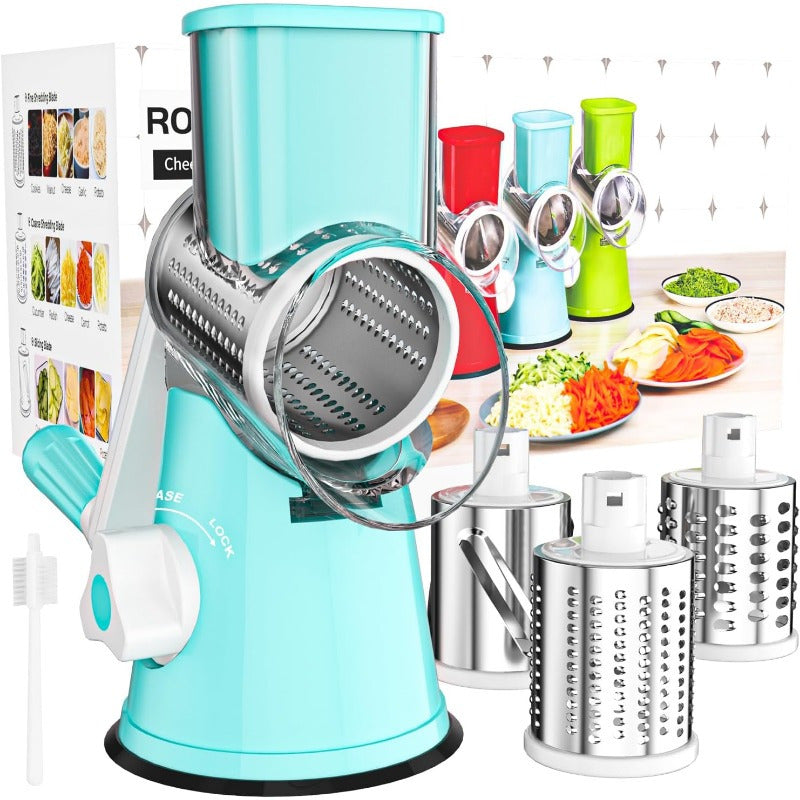 Râpe à fromage rotative manuelle avec 3 lames interchangeables - Base à ventouse antidérapante, brosse de nettoyage incluse, pour fromage frais, légumes et noix, cadeau d'ustensile de cuisine